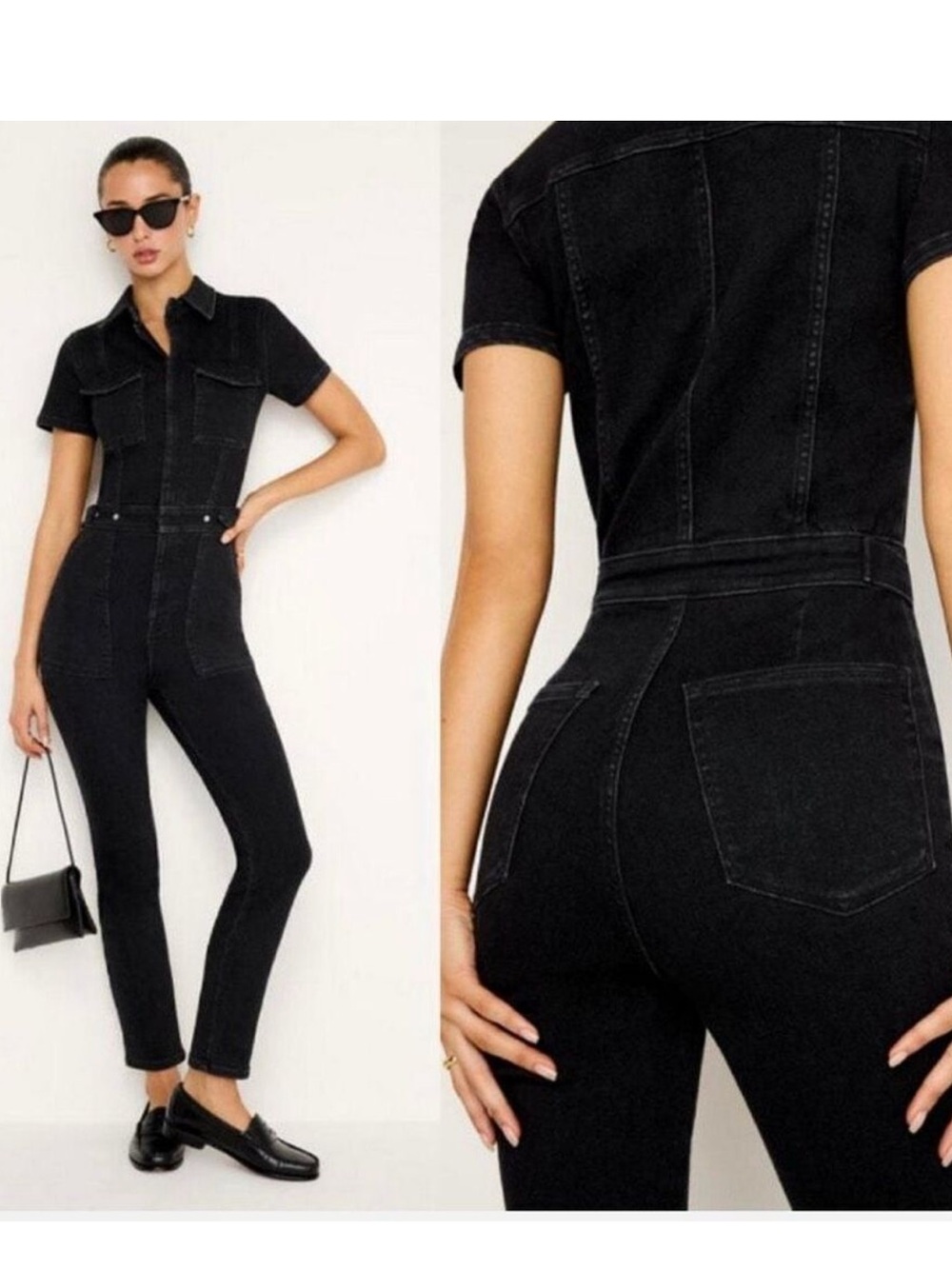 Good American Black Denim Jumpsuit with Zip Front